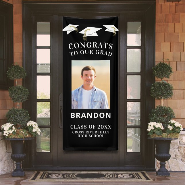 Graduation Cap Toss CONGRATS GRAD Photo Black Banner (Creator Uploaded)