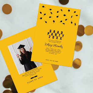 Graduation Cap Toss Gold & Black Grad Party Invitation
