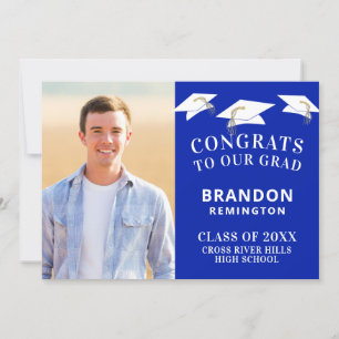 Graduation Cap Toss Photo Royle Blue and White Announcement