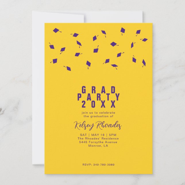 Graduation Cap Toss Purple & Gold Grad Party Invitation (Front)