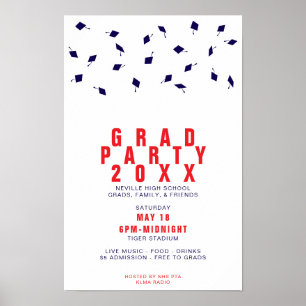 Graduation Cap Toss Red & Blue Grad Party Poster