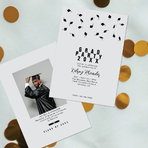 Graduation Cap Toss Silver & Black Grad Party Invitation