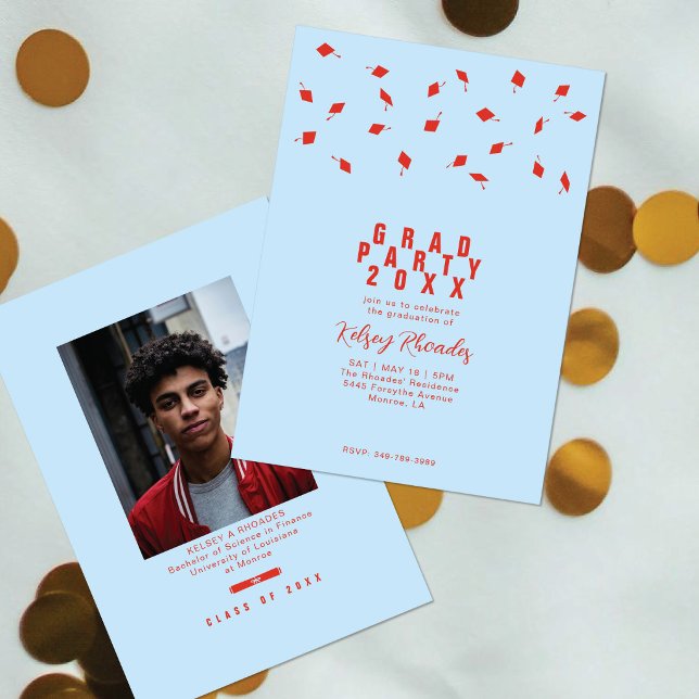 Graduation Cap Toss Sky Blue & Red Grad Party Invitation (Creator Uploaded)