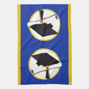 Graduation Cap w/Diploma - Dark Blue Background Tea Towel