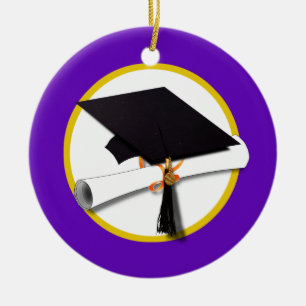 Graduation Cap w/Diploma - Purple Background Ceramic Ornament