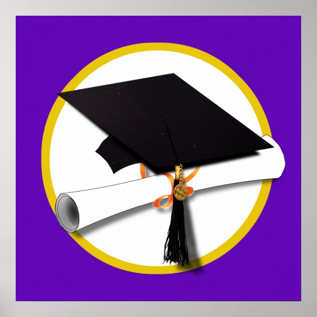 Graduation Cap w/Diploma - Purple Background Poster (Front)