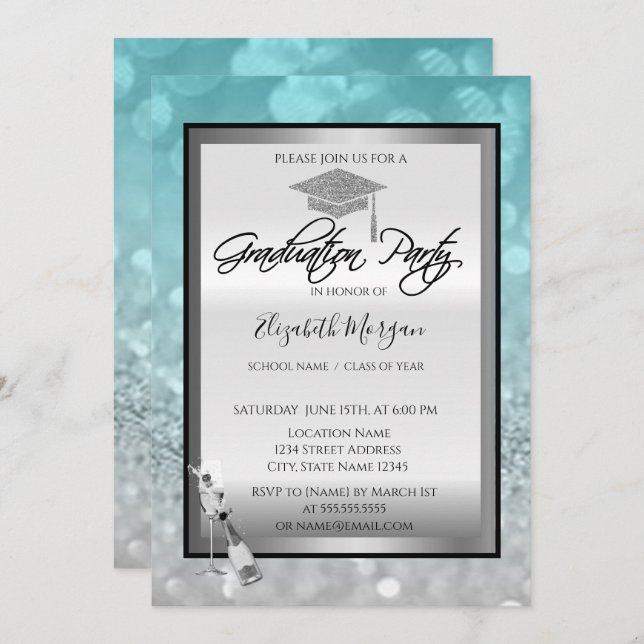Graduation Cap,Wine Glass Bokeh Silver Graduation Invitation (Front/Back)