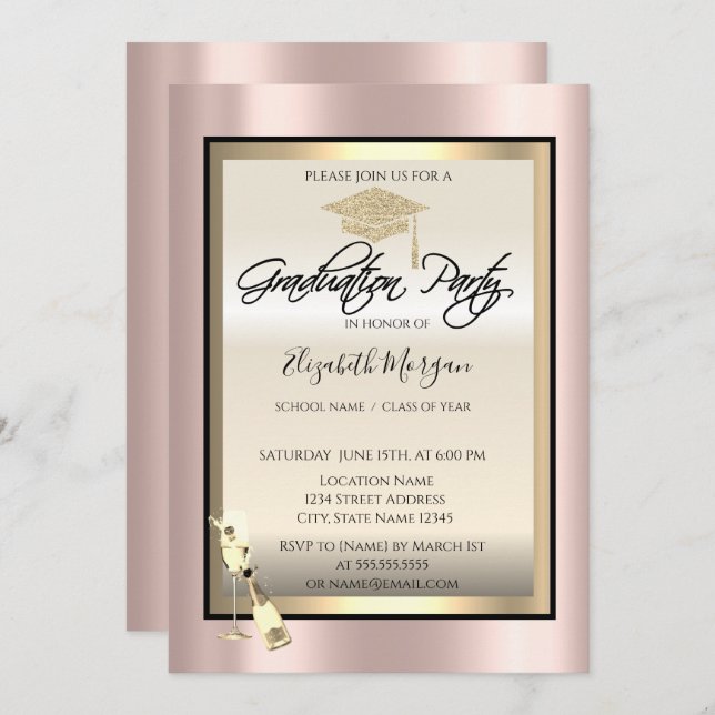 Graduation Cap,Wine Glass Rose Gold Graduation Invitation (Front/Back)