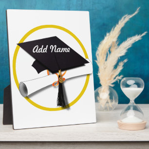 Graduation Cap with Diploma and Gold Circle Plaque