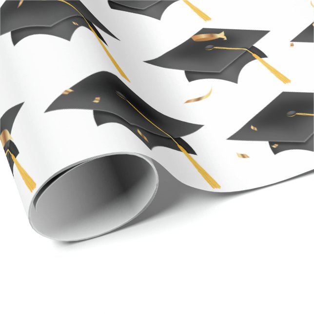 Graduation Caps and Gold Confetti Wrapping Paper (Roll Corner)