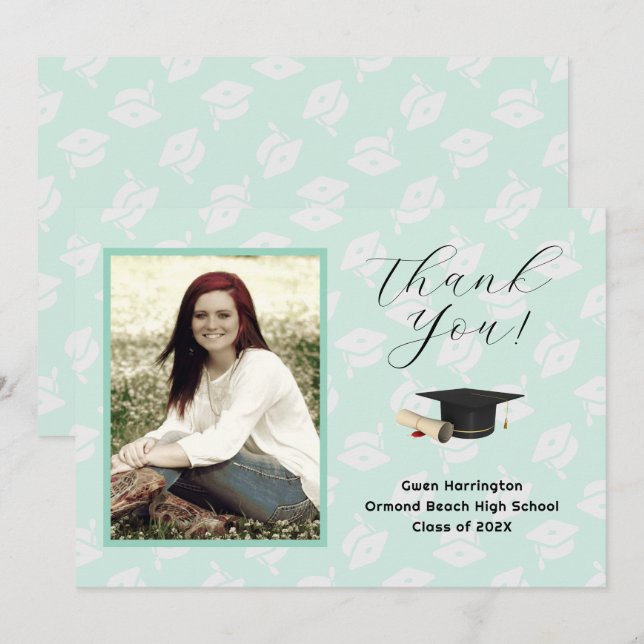 Graduation Caps Photo Thank You Message Cards (Front/Back)