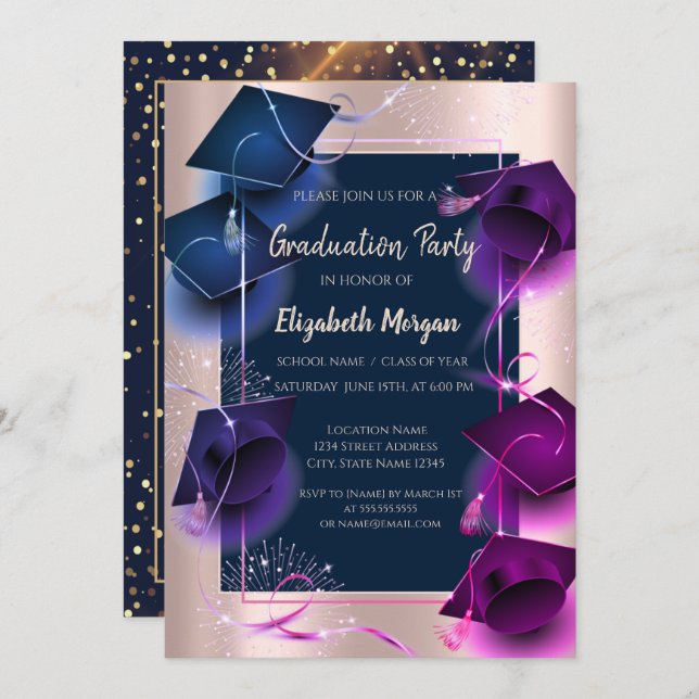 Graduation Caps Rose Gold,Dots Graduation Party Invitation (Front/Back)