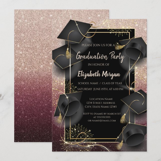 Graduation Caps Rose Gold Glitter Graduation Party Invitation (Front/Back)