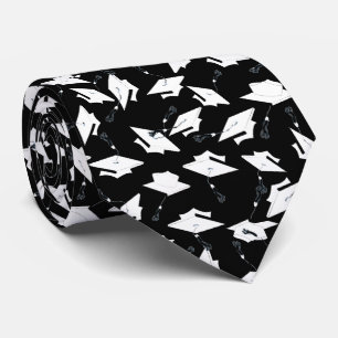 Graduation Caps Tossed Celebration White on Black Tie