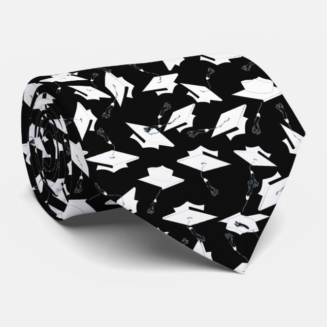 Graduation Caps Tossed Celebration White on Black Tie (Rolled)