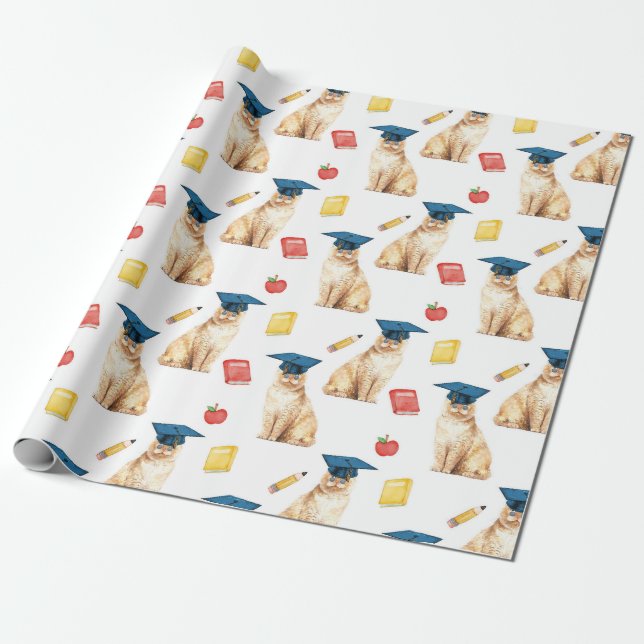 Graduation Cat Wrapping Paper, Small Pattern Wrapping Paper (Unrolled)