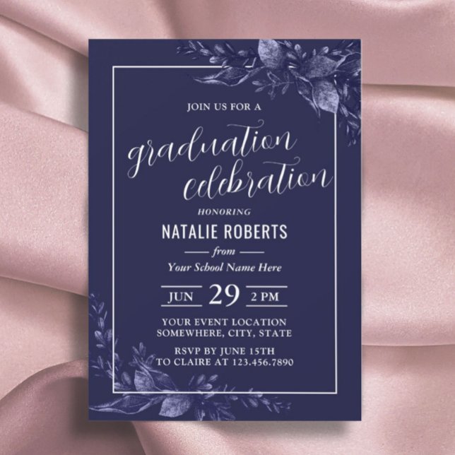 Graduation Celebration Elegant Navy Blue Botanical Invitation (Creator Uploaded)