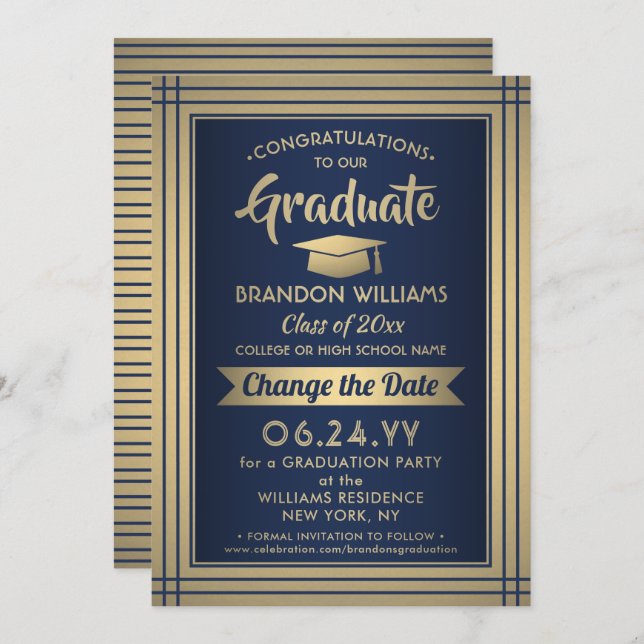 Graduation Change the Date Postponement Navy Gold Save The Date (Front/Back)
