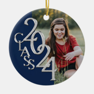Graduation Class 2020 Photo Blue Silver Ceramic Ornament
