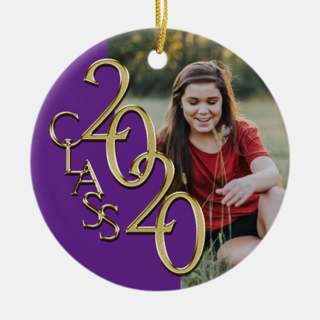 Graduation Class 2020 Photo Purple with Gold Ceramic Ornament (Front)