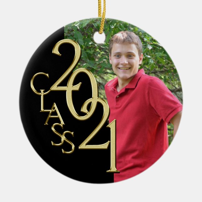 Graduation Class 2021 Photo Black with Gold Ceramic Ornament (Front)