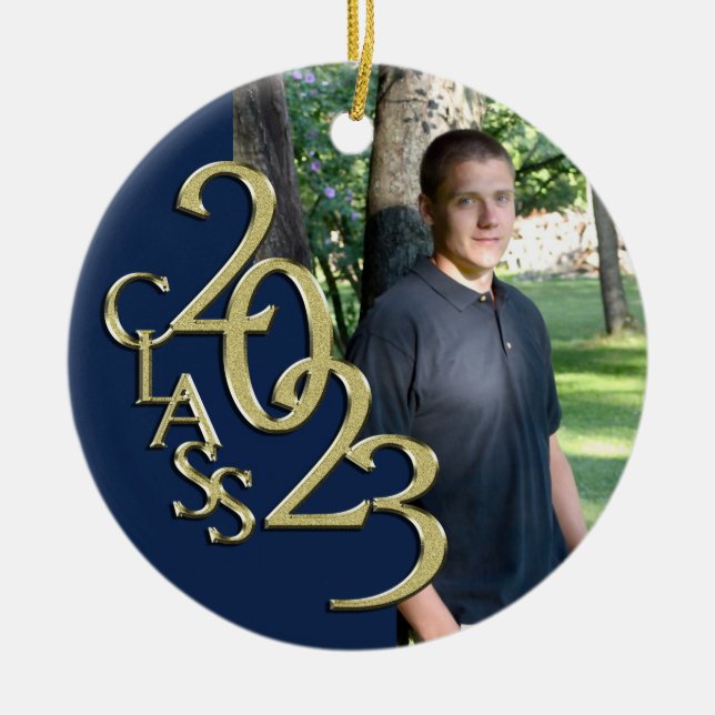 Graduation Class 2021 Photo Blue with Gold Ceramic Ornament (Front)