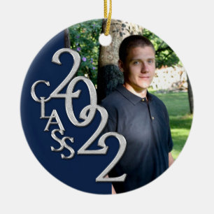 Graduation Class 2022 Photo Blue Silver Ceramic Or Ornament