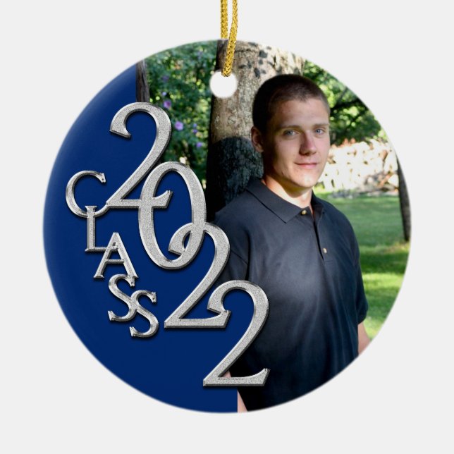 Graduation Class 2022 Photo Blue Silver Ceramic Ornament (Front)