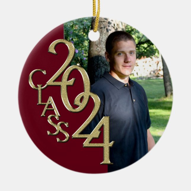 Graduation Class 2022 Photo Burgundy with Gold Ceramic Ornament (Front)