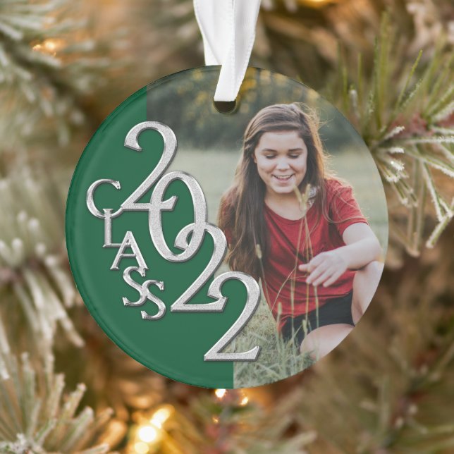 Graduation Class 2022 Photo Green Silver  Ornament (Tree)