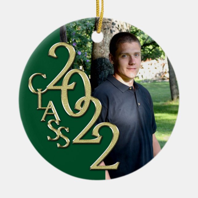 Graduation Class 2022 Photo Green with Gold  Ceramic Ornament (Front)