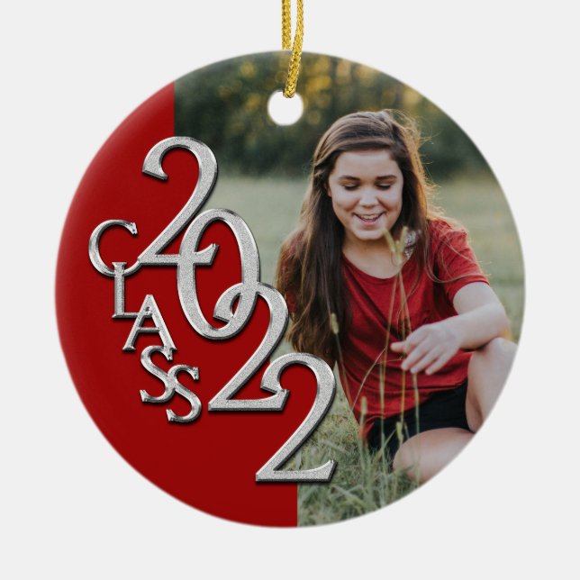 Graduation Class 2022 Photo Red Silver Ceramic Ornament (Front)