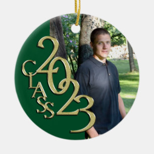 Graduation Class 2023 Photo Green with Gold  Ceramic Ornament