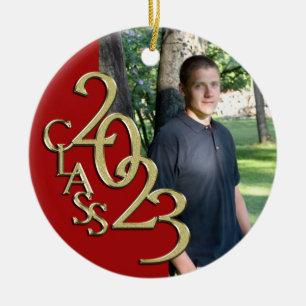 Graduation Class 2023 Photo Red with Gold Ceramic Ornament