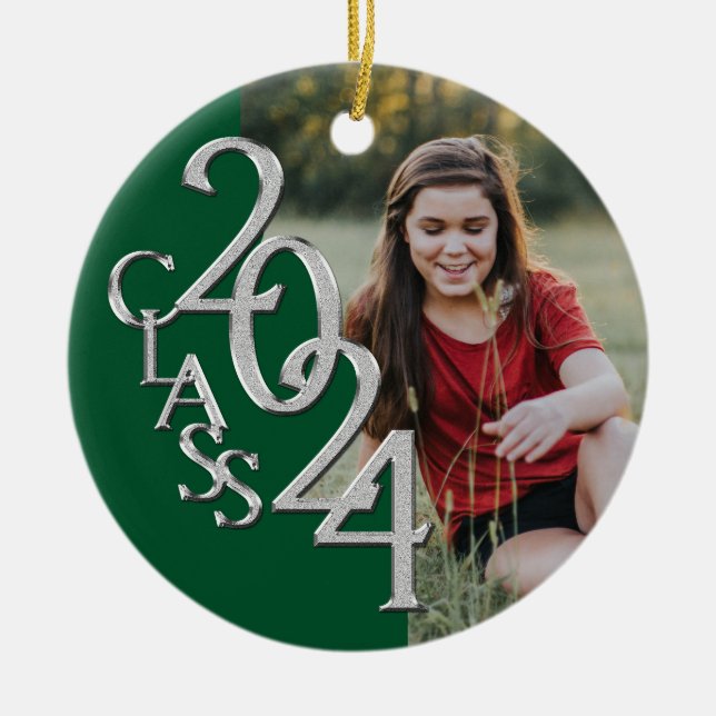 Graduation Class 2024 Photo Green Silver Ceramic Ornament (Front)