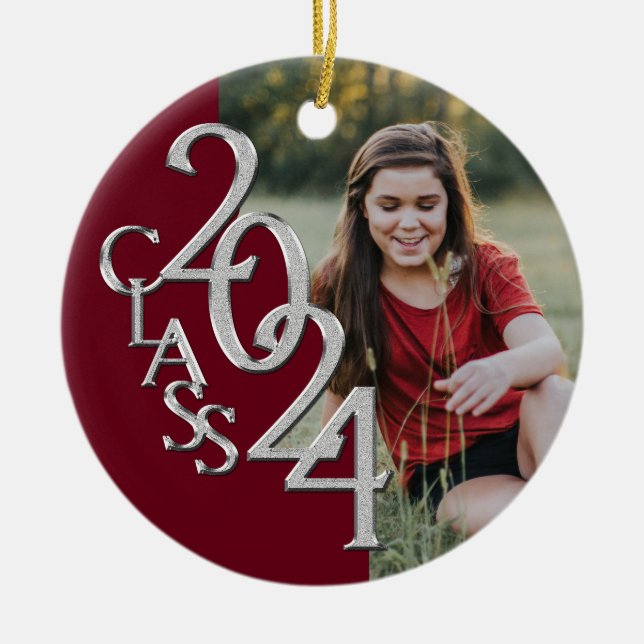 Graduation Class 2024 Photo Maroon Silver Ceramic Ornament (Front)