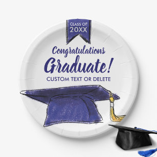 Graduation Class 20XX Congrats Blue Grad Cap Paper Plate