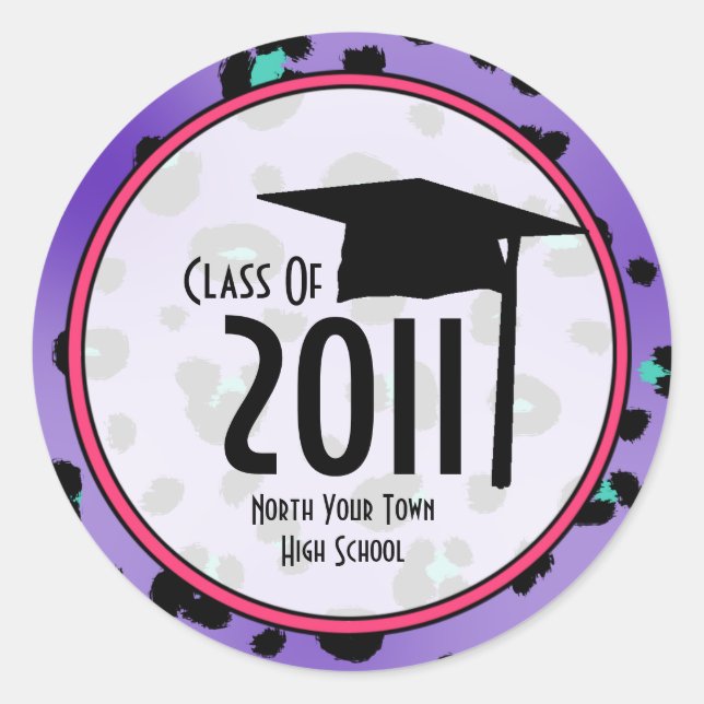 Graduation Class Of 2011 Purple Leopard Print Classic Round Sticker (Front)
