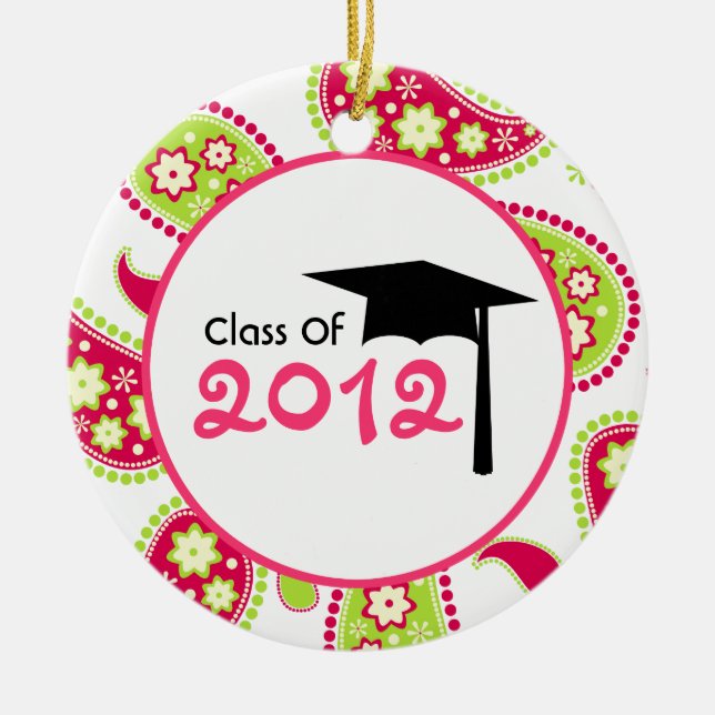 Graduation Class of 2012 Pink & Green Paisley Ceramic Tree Decoration (Front)