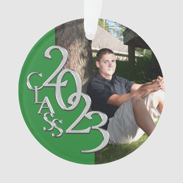 Graduation Class of 2023 Green and Silver Photo Ornament (Front)