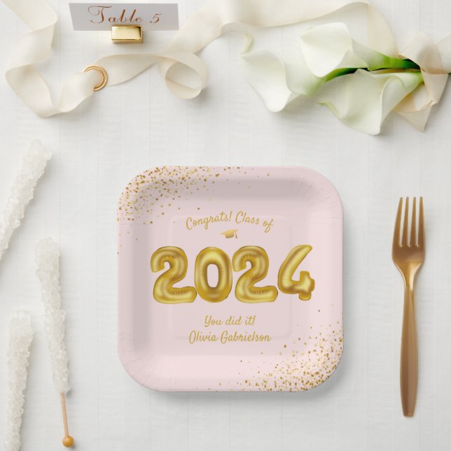 Graduation Class of 2024 Pink Gold Balloons Custom Paper Plate (Wedding)