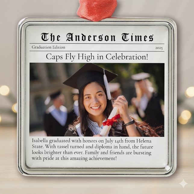 Graduation Class of 2025 Newspaper Photo Keepsake Metal Ornament (Creator Uploaded)