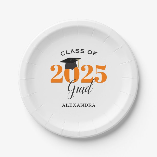 Graduation Class of 2025 Simple Orange and Black Paper Plate (Front)