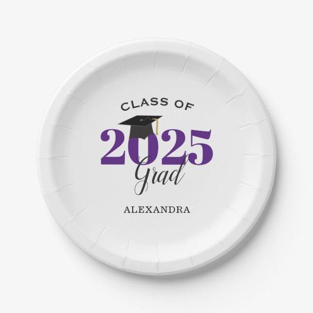 Graduation Class of 2025 Simple Purple and Black Paper Plate (Front)
