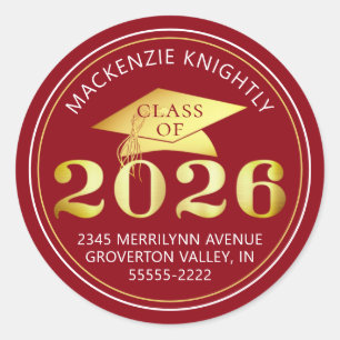 Graduation Class of 2026 Red Gold Return Address Classic Round Sticker