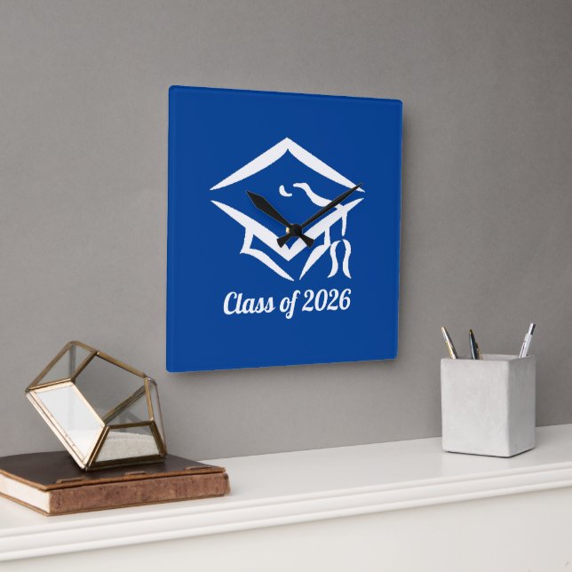 Graduation Class of 20?? BLUWHT Customize Year Square Wall Clock (Office)