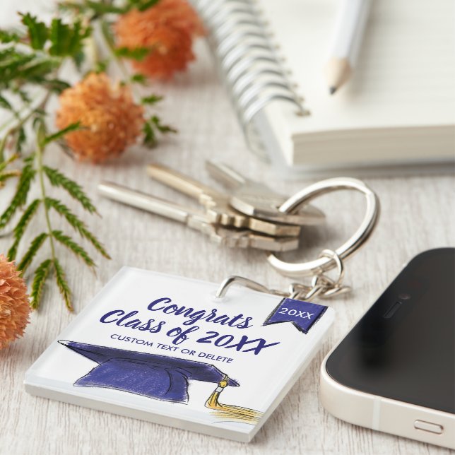 Graduation Class of 20XX Blue Grad Cap Custom Key Ring (Front Right)