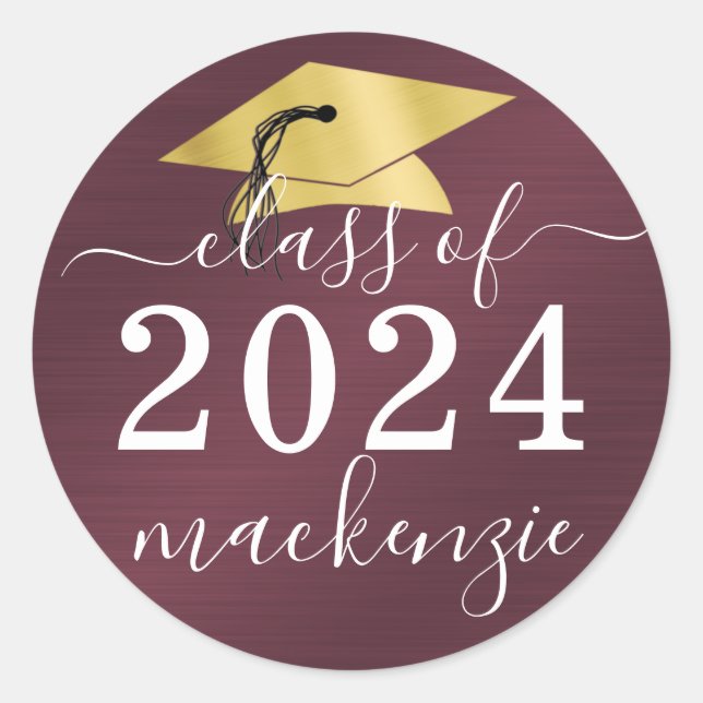 Graduation Class Of Metallic Script Maroon  Classic Round Sticker (Front)