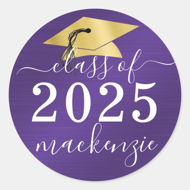 Graduation Class Of Metallic Script Purple Classic Round Sticker (Front)