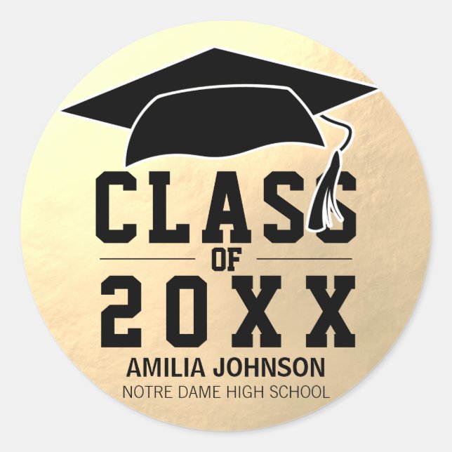 Graduation Class of Pink Gold Foil Black Cap Classic Round Sticker (Front)
